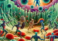 [Image of peripheral immune cells becoming active and attacking normal cells due to latent chronic inflammation.]by DALL-E